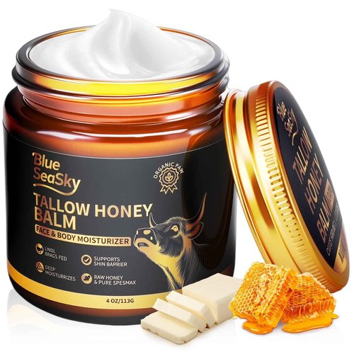 Upgraded Beef Tallow for Skin Handmade Whipped Organic Grass-Fed Tallow Balm with Raw Wild Honey for Eczema & Rosacea,Non-Comedogenic Face,Body Moisturizer for Dry, Sensitive Skin - 4oz Unscented