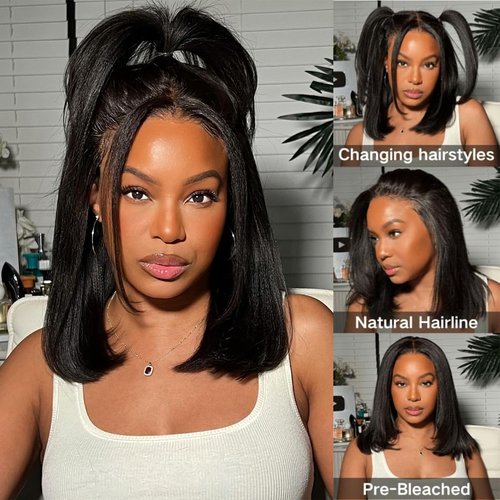13x6 Bob Lace Front Wigs Human Hair Straight Wigs for Black Women Bob Wig Human Hair Side Part Frontal Bob Wigs Pre Plucked with Baby Hair Natural Hairline (16 Inch)