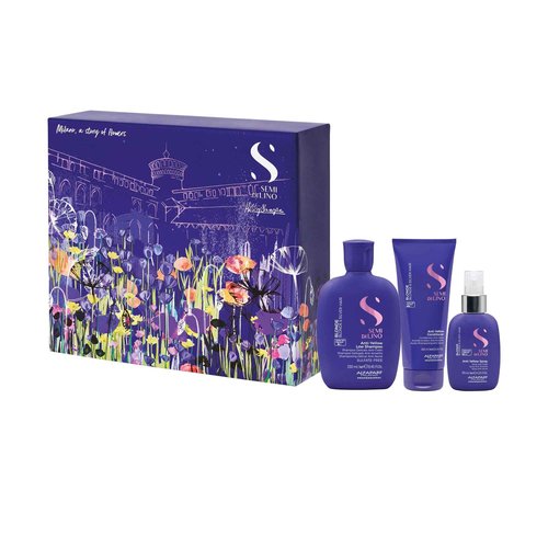 Alfaparf Milano Semi di Lino Anti-Yellow Gift Set for Blonde, Platinum and Silver Hair - Sulfate Free Shampoo, Conditioner and Spray - Removes Yellow and Brassy Tones - Corrects Brassiness