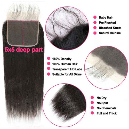 LXYANOO 12A Straight Bundles Human Hair with 5x5 Closure 18 20 22+16 Inch Brazilian Human Hair Weave Bundles with 5x5 HD Lace Closure 100% Unprocessed Virgin Hair Extensions