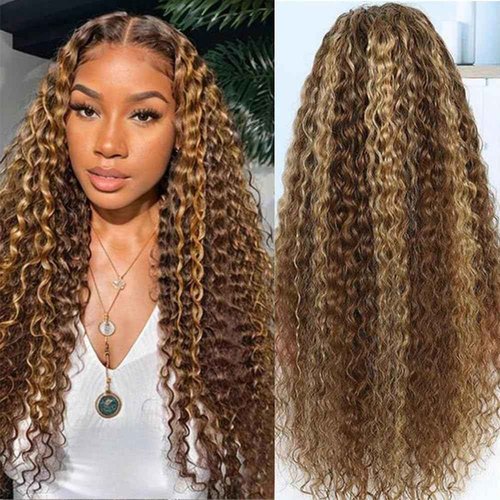UFHUFH 20 inch Highlight Ombre Lace Front Wig Human Hair 200 Density Honey Blonde Wig Human Hair 13x4 HD 4/27 Deep Wave Lace Frontal Wigs Pre Plucked with Baby Hair
