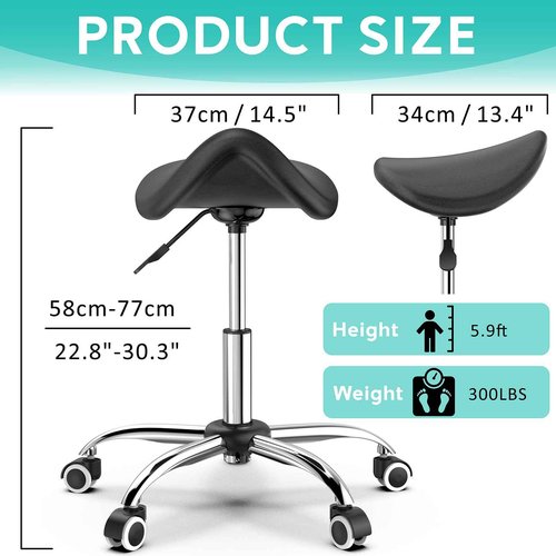 Eueiykw Professional Saddle Stool with Wheels Rolling Saddle Stool with Extra-Wide Base Heavy-Duty Stable Stool Adjustable Height Ergonomic Chair for Office, Workshop, Salon & Clinic