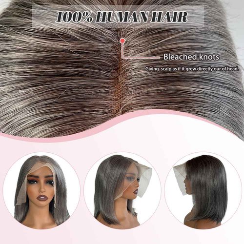 Belaved Bob Lace Front Wigs Human Hair Grey Salt & Pepper 12 Inch Ombre Silky Straight Balck Mix Grey Short Bob 13x4 HD Lace Frontal 180% Density Pre Plucked Bleached Knots Glueless