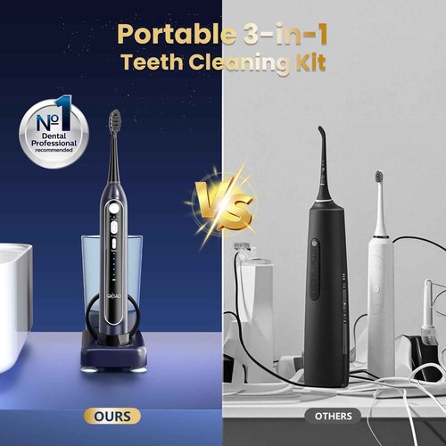 OILSAO Electric Toothbrush with Water Flosser Combo, All in One Sonic Toothbrush with 3 Modes & 5 Flossing Speeds, Rechargeable & Portable for Adult Teeth Cleaning and Plaque Removal, Dark Blue