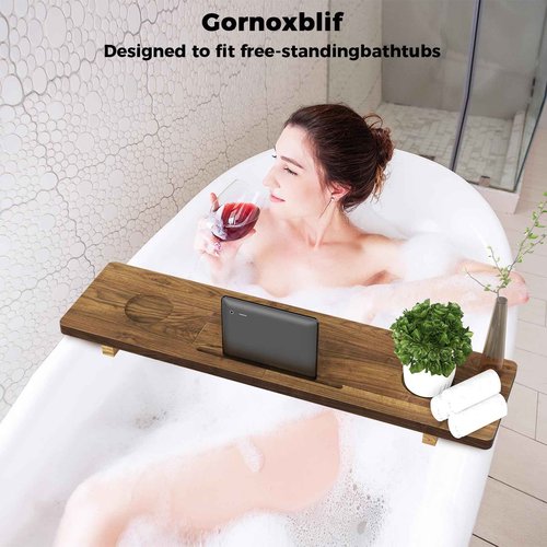 Mopzilqvur Premium Bathtub Tray for Freestanding Bath, Large & Thick 35” Acacia Wood Luxury Bath Tray for Tub， Anti-Tip, Non-Toxic, Adjustable Bathtub Trays for Tub with Bathroom Accessories Holder