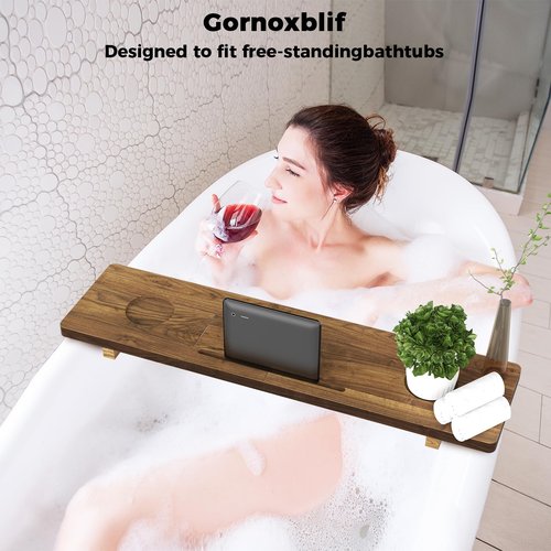 Premium Bathtub Tray Caddy, Solid Acacia Wood Bath Tray for Tub, Adjustable Bath Tub Tray for Freestanding Tubs, Anti-Tipping, Sustainable Tub Tray, Holder for Tablet with Book and Wine Glass Holder