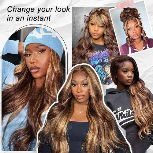 LZGYE 28 Inch Ombre Lace Front Wig Human Hair 220% Density 4/27 Highlight Wig Human Hair Pre Everything 7x5 Highlight Body Wave Wigs Balayage Glueless Wig Blonde Highlight Wig For Women