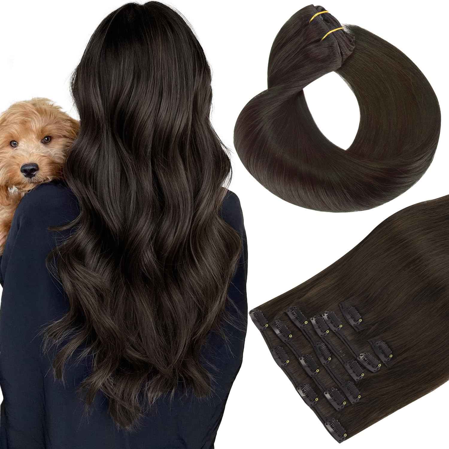HOTBANANA Human Hair Clip in Hair Extensions, 2 Dark Brown 120g Clip in Hair Extensions Real Human Hair Straight Remy Hair Clip in Hair Extensions 24 Inch 7pcs