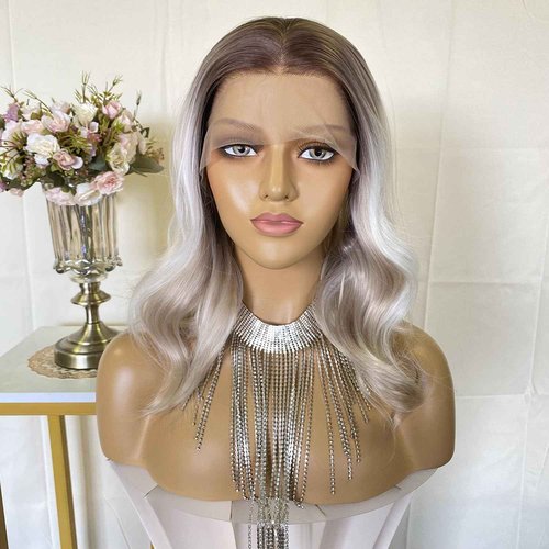 CIMITIKI Short Ash Blonde Wigs Highlight Platinum Color Ombre Silver Hair Bob Style 13x4 Lace Front Wig 14Inch Pre Plucked for Women Girls