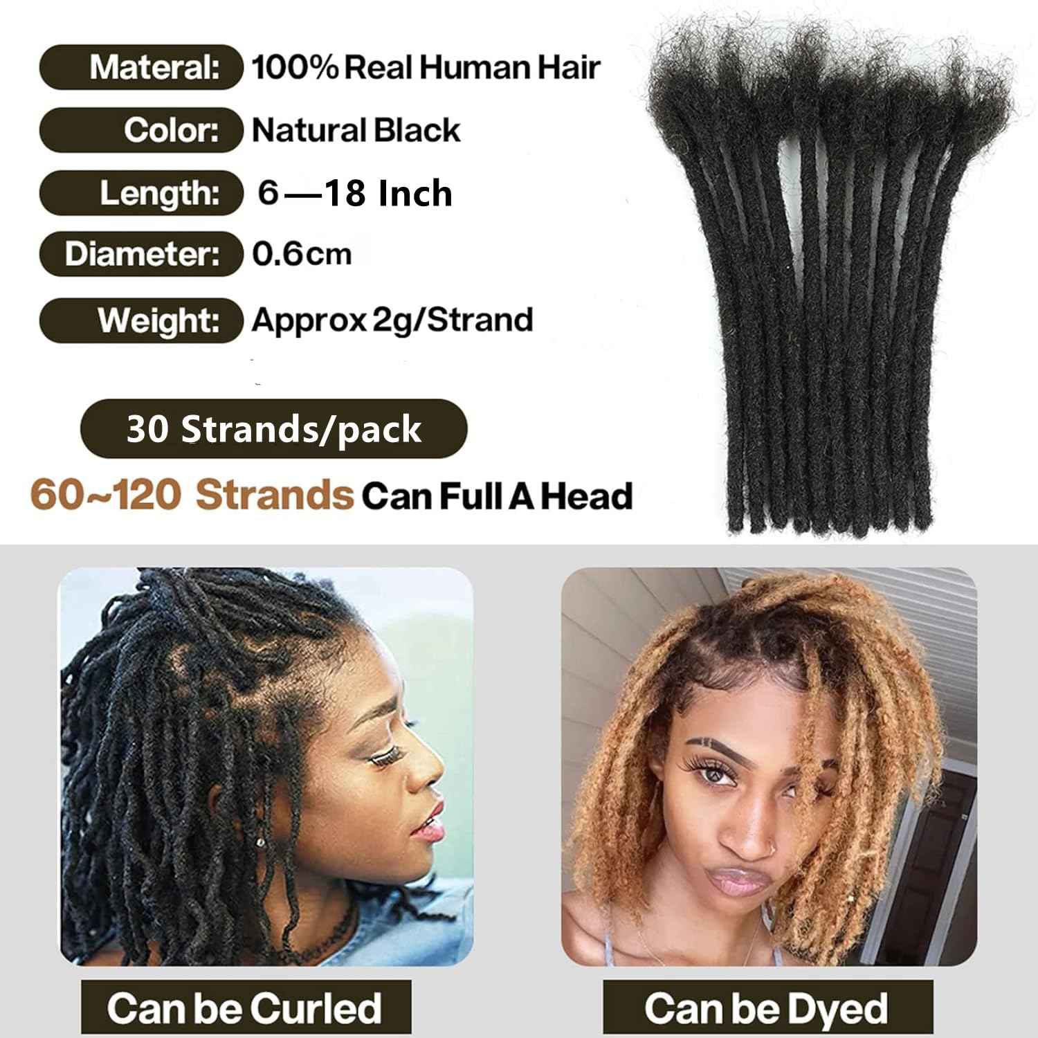 Loc Extensions Human Hair for Women Men Kids 0.6cm Width 24 Inch 20 Strands Natural Black 100% Handmade Permanent Locs Dreadlock Extensions Real Human Hair Can Be Curled and Bleached