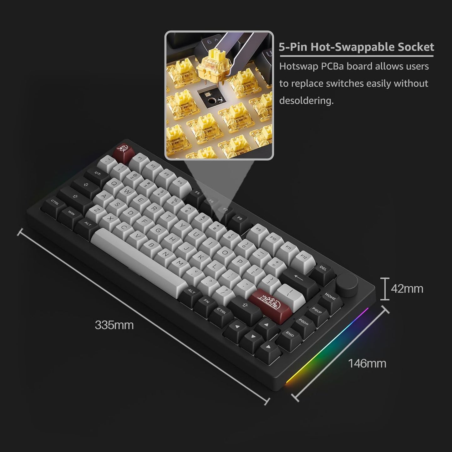 Akko 5075B Plus Mechanical Keyboard 75% Percent RGB Hot-swappable Creamy Keyboard with Knob, Black & Silver Theme with PBT Double Shot ASA Profile Keycaps V3 Creamy Yellow Pro Switch