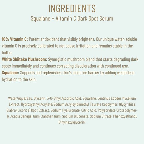 Biossance Squalane + Vitamin C Dark Spot Face Serum – 10% Vitamin C Serum & White Shiitake – Hydrating, Fragrance-Free, Non-Irritating, for Daily Use for All Skin Types, 1.01 Fl Oz