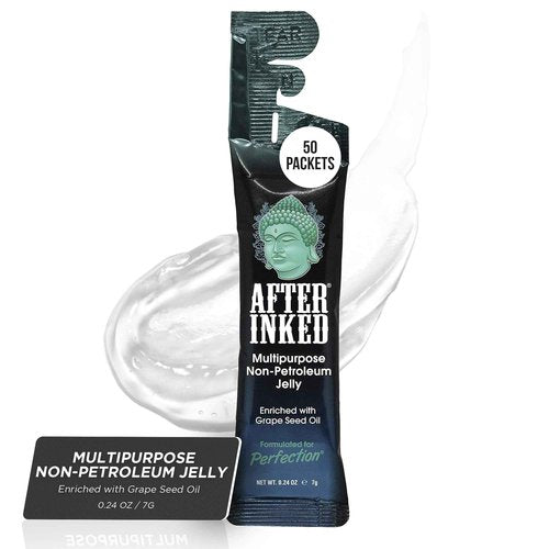 After Inked Tattoo Aftercare Non-Petroleum Jelly - With Grape Seed Oil, Essential for Tattoo Kit, PMU & Piercing Aftercare - Multipurpose Ointment - 7g Reclosable Packet (50-Pack)