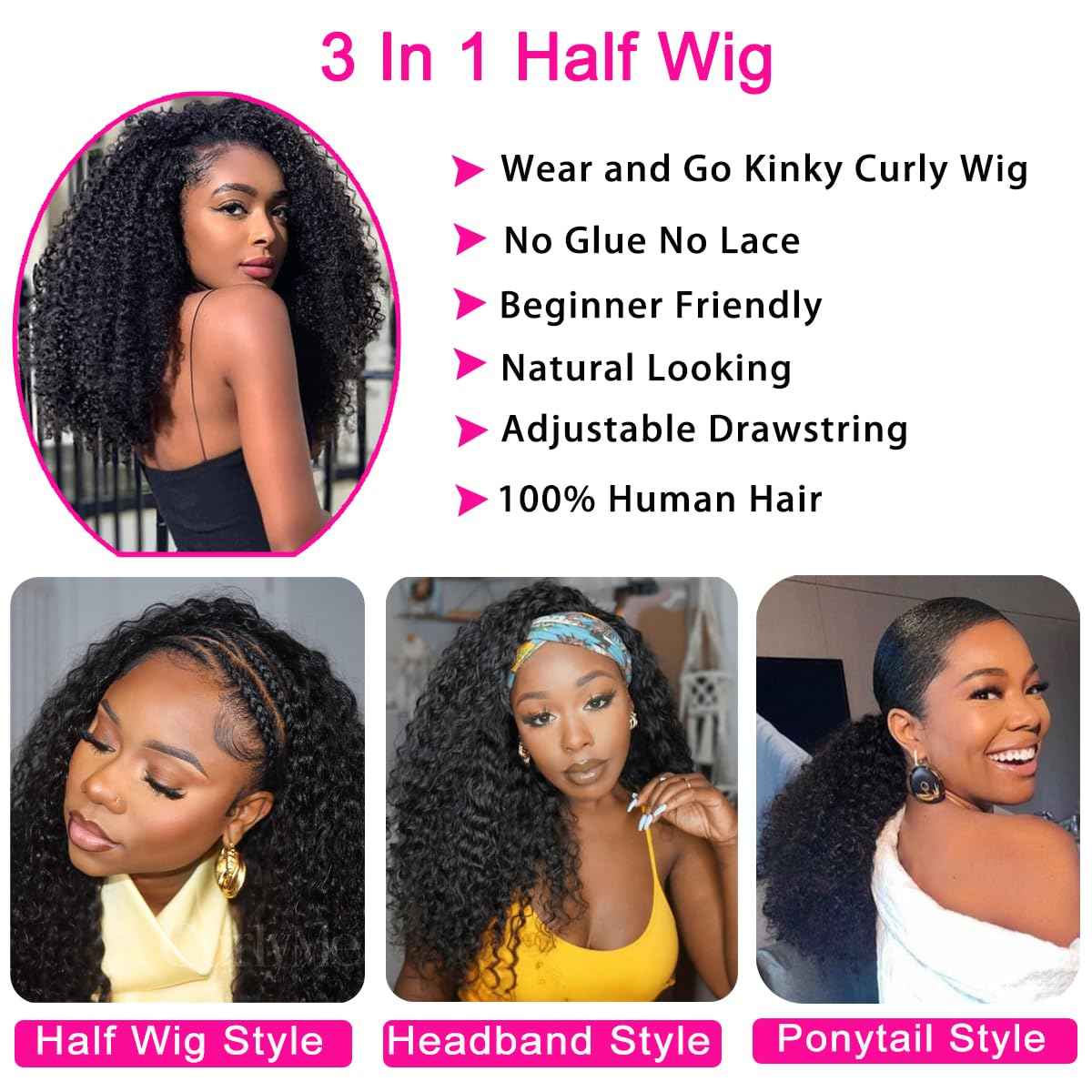 Kinky Curly Half Wig Human Hair 200% Density 3 In 1 Seamless Flip Over Half Wigs Human Hair Glueless Wear and Go Beginner Friendly Kinky Curly Wig Human Hair Drawstring Headband Wig for Women 18 Inch