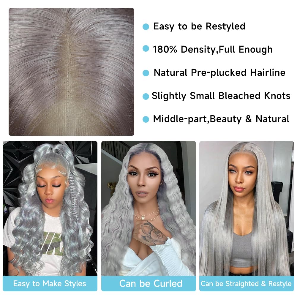 Grey Human Hair Wig 13X4 Body Wave Grey Lace Front Wigs Human Hair Pre Plucked with Baby hair 180% Density Colored wigs for Women 24 inch