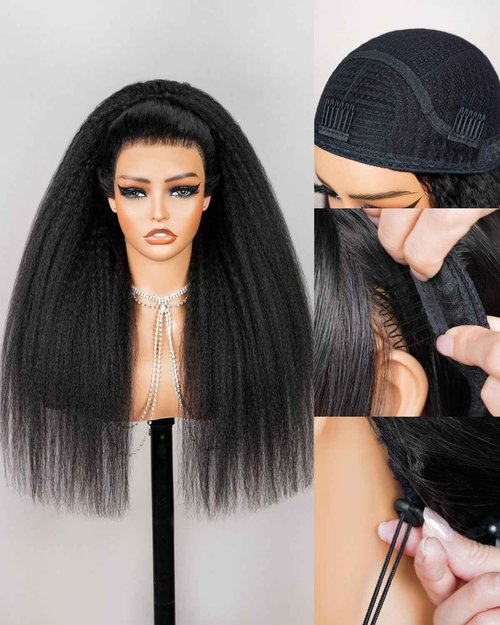 Megalook hair Kinky Straight Half Wig Human Hair Yaki Straight Glueless Wigs Human Hair 200% Density No Lace Drawstring Ponytail Headband Wig 3 In 1 Beginner Friendly Seamless Clip In Wigs 22 Inch