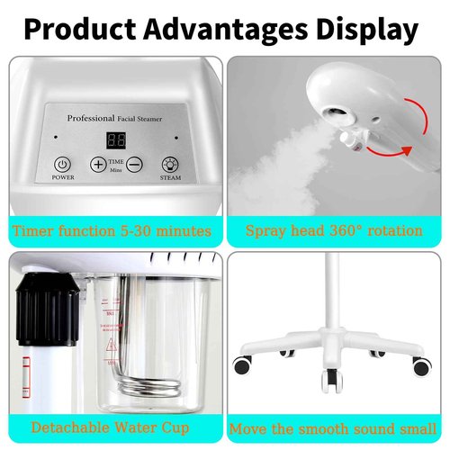 Professional Facial Steamer, Stand Ozone Face Steamer on Wheels, Adjustable Height and Angle,Estheticians Steamer More Steam,Hot Mist Facial Humidifier Atomizer for Spa Beauty, Home Use