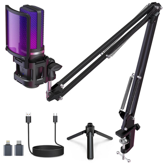 ZealSound Gaming USB Microphone,Noise Cancellation Condenser mic,RGB Microphone with Mute,Gain,Monitoring,Boom Arm,Pop Filter for Phone,PC,Computer,PS4,PS5,Mac,Streaming,Podcast,Twitch,YouTube,Discord