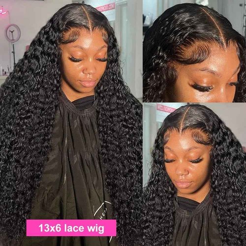 Deep Wave Lace Front Wigs 13x6 HD Transparent Lace Frontal Wig for Black Women 100% Real Curly Human Hair Wigs Pre Plucked with Baby Hair 180% Density (Black, 22 inch)