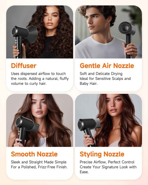 PLUZZ Professional Hair Dryer with Diffuser for Curly Hair, 400M Negative Ionic Blow Dryer for Fast Drying, 120,000 RPM High-Speed Brushless Motor, Low Noise Lightweight, Travel-Friendly (Silver)