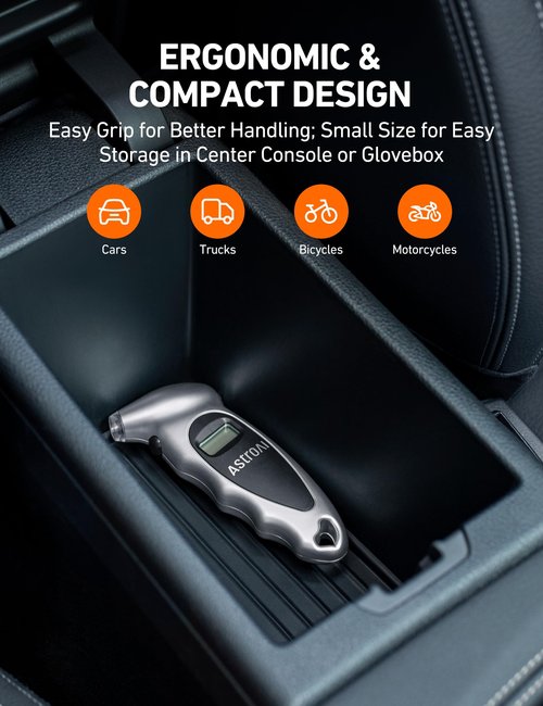 AstroAI Tire Pressure Gauge Digital 0-150PSI (Accurate in 0.1 Increments), 4 Settings Stocking Stuffers for Car Truck Bicycle with Backlight LCD and Presta Valve Adaptor, Sliver