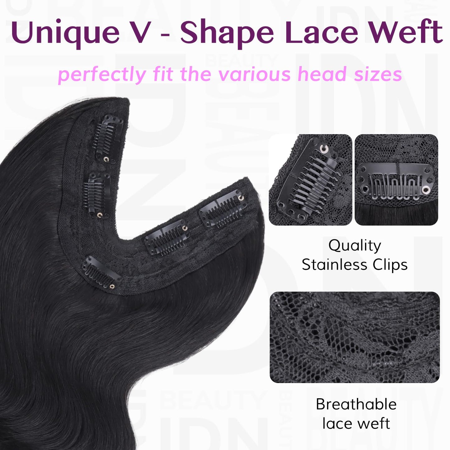 IDN BEAUTY V Part One Piece Clip in Hair Extensions Human Hair Combo Pack, Body Wave 14 Inch 110g 1pcs V Part and 2pcs Clip Ins For Black Woman Natural Black V Shape Lace Weft Seamless Invisible Edge