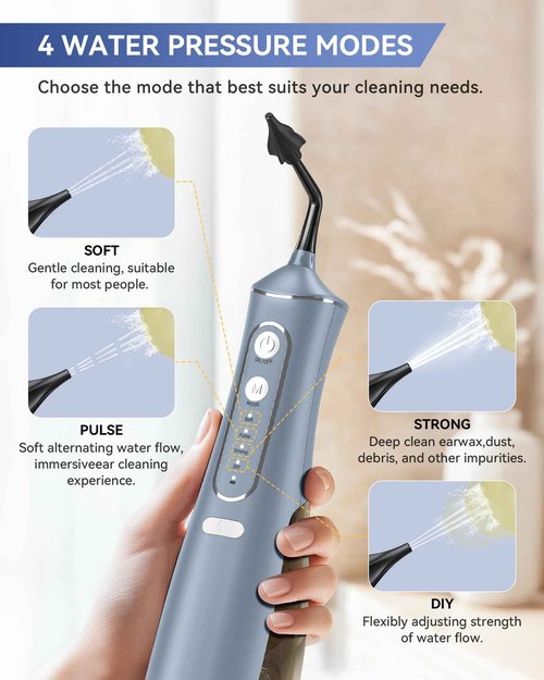 SEEDEAR Electric Ear Wax Removal Kit, Ear Wax Cleaner with 4 Water Pressure Modes, Ear Cleaning Kit Safer and More Effective Ear Irrigation Flushing System, Earwax Removal Tool with 4 Nozzles (Grey)