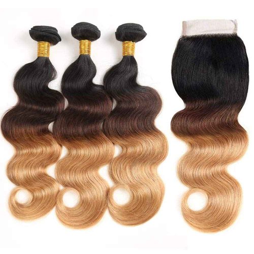 Ombre Blond Bundles with Closure Brazilian Virgin Human Hair #1B/4/27 Body Wave Blond Human Hair Bundles with 4x4 Lace Closure Hair Extension (12 14 16+10 Inch)