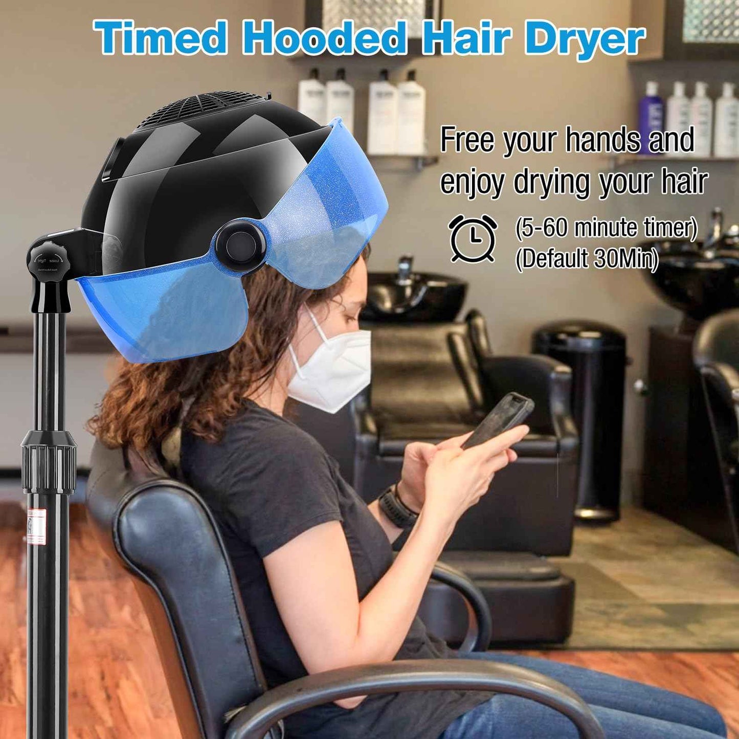 Hooded Hair Dryer, 1500W Standing Hair Dryer with Time Settings, Touch Controls and 3 Temperature Modes, Height Adjustable Ionic Hooded Dryer, Professional Hooded Dryer for Home or Salon Use