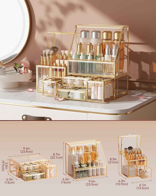 CoralHouse Clear Makeup Organizer with Gold Frame – Countertop Vanity Organizer for Skincare, Lipsticks, Perfume & Brushes – Bathroom Cosmetic Storage Display Box