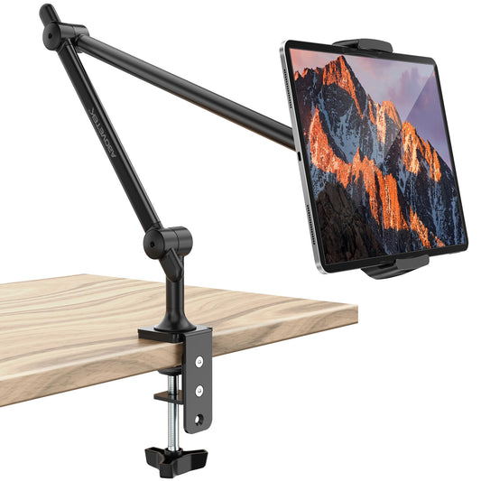 AboveTEK Tablet Stand Holder, Aluminum iPad Holder for Desk & Bed, Adjustable Arm Clamp Mount with 360° Rotation, Overhead Compatible with 4.7"-13.5" iPad Pro/Air/Mini, iPhone, Galaxy Tab- Black