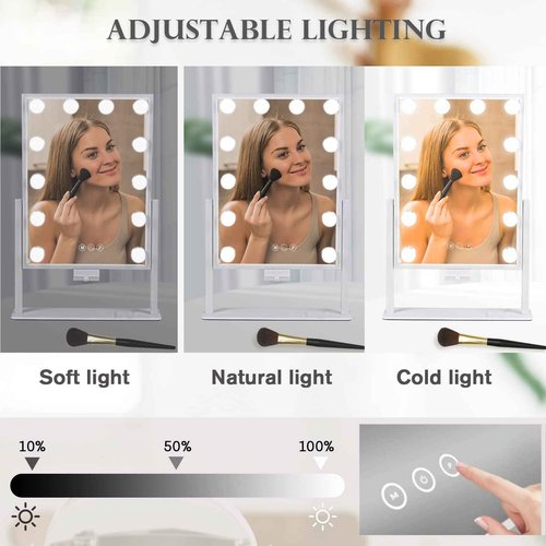 BWLLNI Vanity Mirror with Lights, Hollywood Lighted Makeup Mirror with Phone Holder, Smart Touch Control, 3 Color Lighting Modes, Detachable 10X Magnification, 360°Rotation(White)