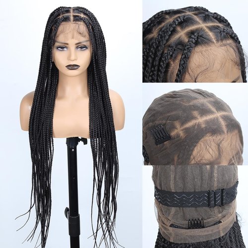 Sangtok 36 inch Knotless Box Braid Wigs, 360 Single Full Lace Braided Wigs for Black Women, Synthetic Black Braided Lace Wig