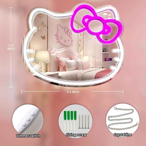 MCJSGSP Anime Hello Kit Cat Neon Sign Mirror 12 * 9.5 inch Vanity Mirror with Lights Bedroom Wall Mirror for Pink Room Decor and a Makeup Mirror with Lights Teen Girl Gifts