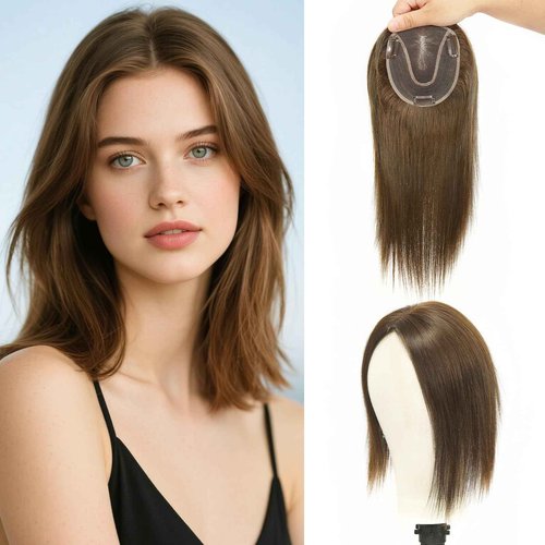 ROSELOVER Hair Topper for Women,12 Inch Real Human Hair Clip-In,4.5x5 Inch Mono Base with Non-Slip Clips,Light Brown(4#)