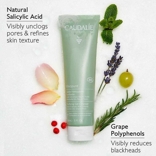 Caudalie Vinopure Acne-Prone Skin Trio, Skin Perfecting Serum 30 mL, Purifying Gel Cleanser 75 mL, and Salicylic Spot Solution 15 mL