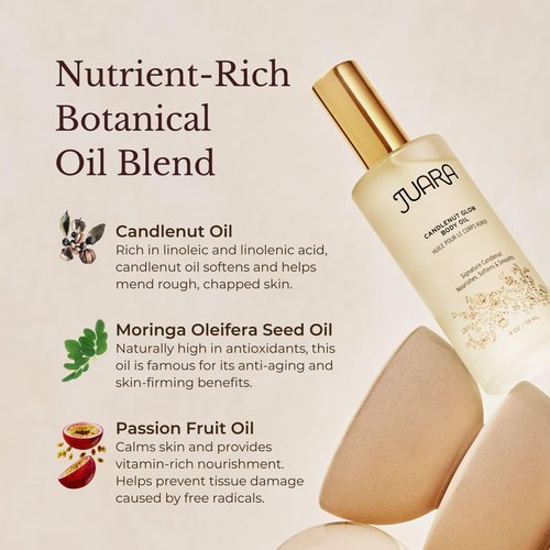 Juara Candlenut Glow Body Oil — Deluxe Hydration for Skin, Hands, Feet, Hair — Dry Skin Therapy — Moisturizing Treatment — Lightweight Formula — Paraben and Sulfate Free — 100% Vegetarian — 4 oz