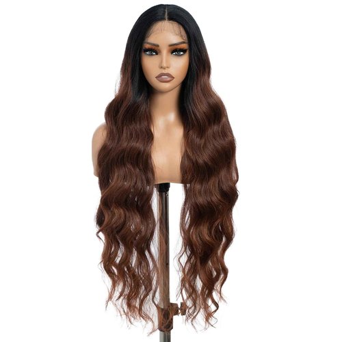 DÉBUT Long Wavy Lace Front Wigs Ombre Brown Middle Part Body Wave Wig for Women Slight Pre Plucked Hairline with Baby Hair 36 Inches Chocolate Brown Color