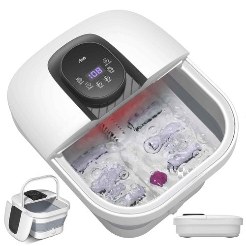 RIKE Collapsible Foot Spa with Heat, Bubbles, 24-Level Temp Control, Red Light, Timer, Foot Soaking Tub with 6 Shiatsu Rollers & Pumice Stone, Foot Bath Massager Pedicure FootSpa for Stress Relief