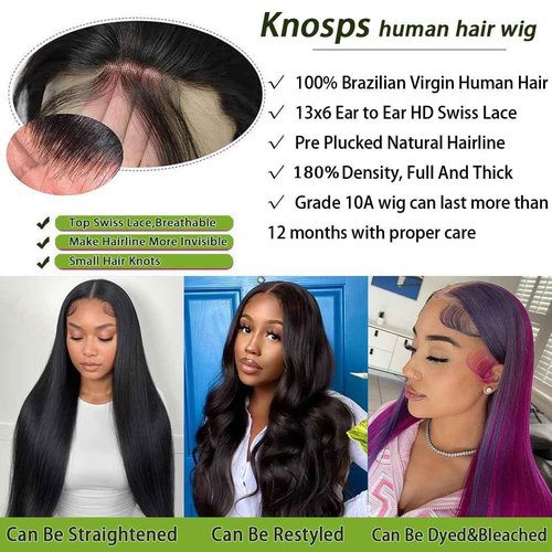 Knosps 20 Inch 13x6 Lace Front Wigs Human Hair Pre Plucked 180 Density Straight HD Lace Front Wigs Human Hair 13x6 Lace Frontal Straight Human Hair Wigs for Women Glueless Wigs Human Hair