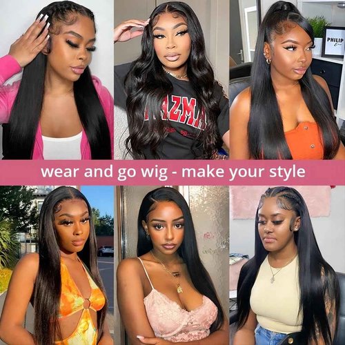 ISEE Wear Go Glueless Wigs Human Hair Pre Plucked Pre Cut Straight Transparent 5x7 Lace Glueless Wig Pre Bleached Tiny Knots Human Hair Wig for Black Women 180% 16 Inch