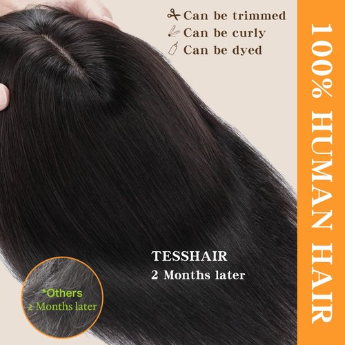 TESSHAIR Human Hair Toppers for Women, 150% Density Hair Topper with Bang, No Tangle & Smooth, Upgrade 7x13cm Silk Base, 12 Inch #1B Natural Black
