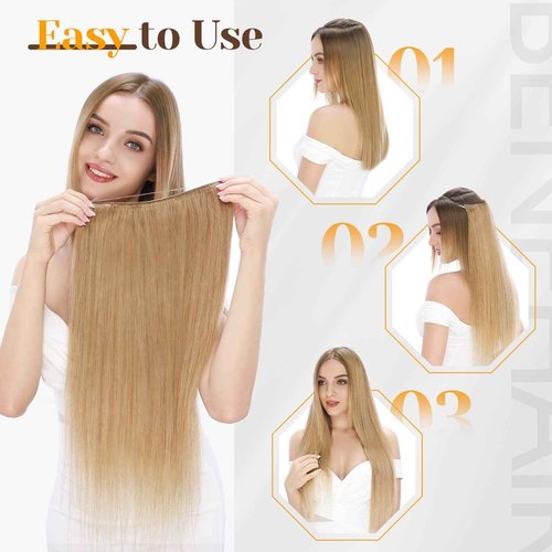 Benehair Human Hair Extensions Thick Ends Invisible Wire Real Human Hair with 2 Fish Lines Thicker Hairpieces 18inch 100g Dark Auburn Hair Extensions Straight Thicker Hairpieces for Women #33