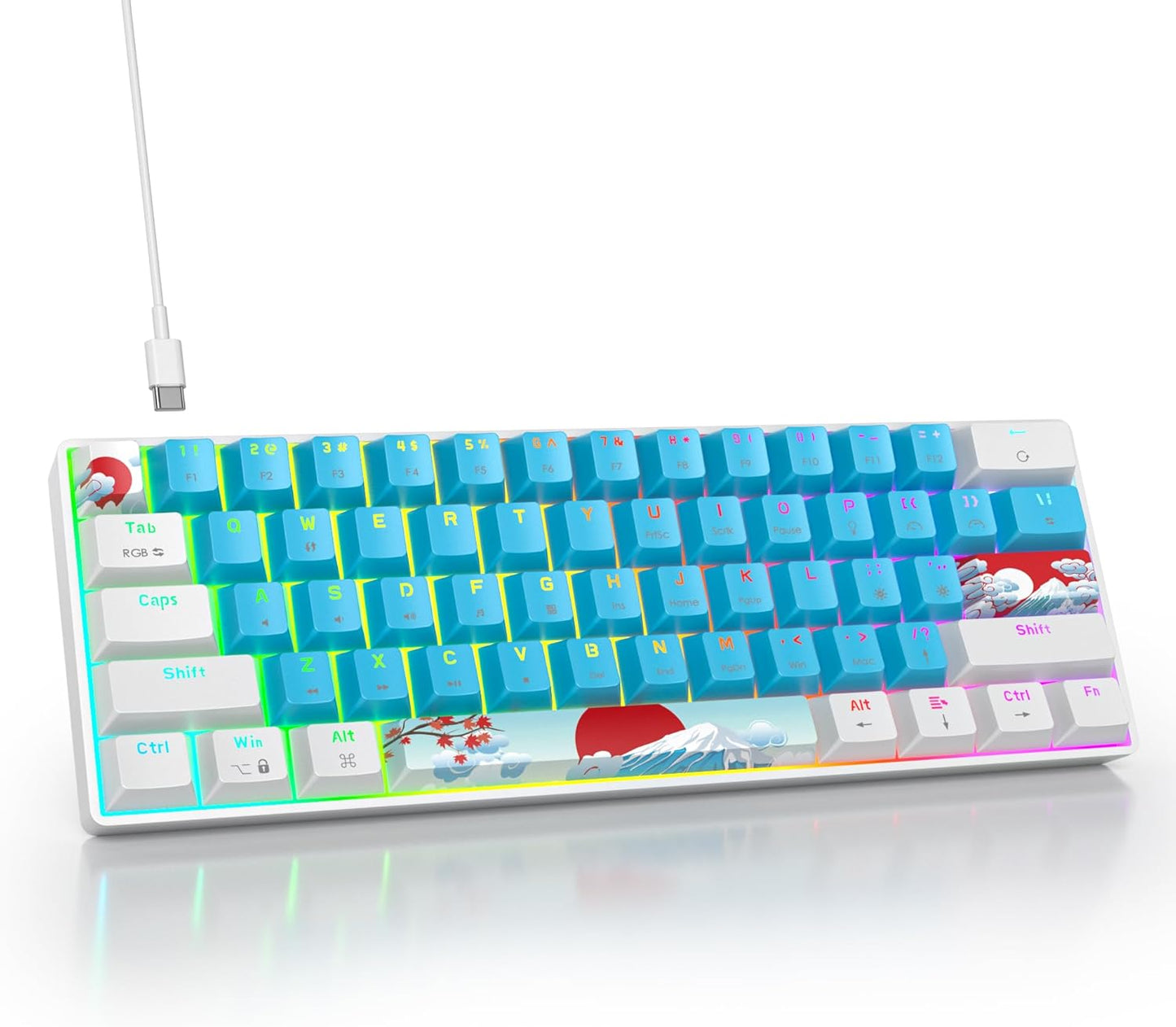 60 Percent Keyboard Mechanical RGB Backlit Wired 60% Gaming Keyboard Blue with PBT Keycaps for Windows PC Gamers (Sea/Red Switch)