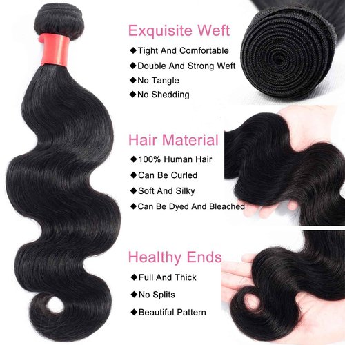 Douyin Brazilian Body Wave 3 Bundles Human Hair 12A 100% Unprocessed Virgin Human Hair Weave Bundles Deals Natural Black Color (1B Black，12 14 16)