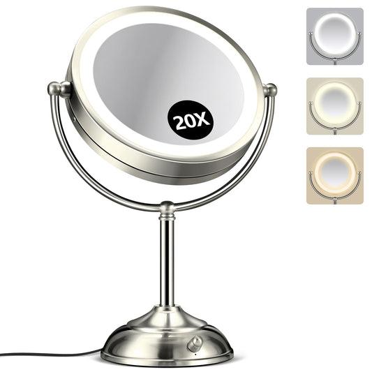20x Large Lighted Makeup Mirror, Rechargeable 9" Magnifying Makeup Mirror, 30-Minute Timer,3 Color Modes, Adjustable Brightness, No Assembly Required, 360° Rotation Cosmetic Mirror, Pearl Nickel