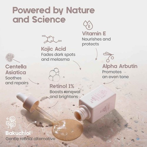 IKI Skincare - KIDO Brightening Serum - Reduces Dark Spots, Evens Skin Tone, Hydrates Deeply, Non-Irritating Formula, Kojic Acid, Alpha Arbutin, Retinol Serum for Face, Centella Asiatica, & Vitamin E