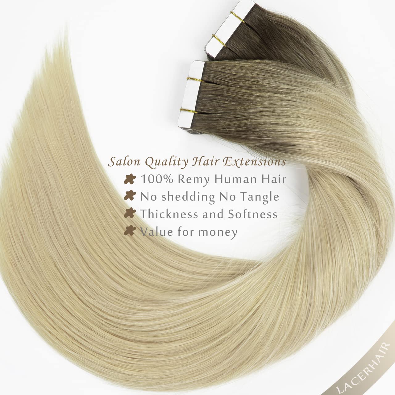 Lacerhair Rooted Tape in Hair Extensions Human Hair Seamless Skin Weft Real Remy Invisible Natural Hair #8G/60A Double Sided Light Platinum Blond with Light Ash Brown Roots 22" 50g