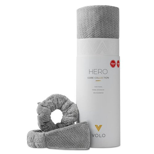 VOLO Luna Gray Hair Towel, Spa Headband & Scrunchie Set | Ultra Soft, Super Absorbent, Quick Drying Nanoweave Fabric | Towel Hair Accessories | The Core Collection | Microfiber