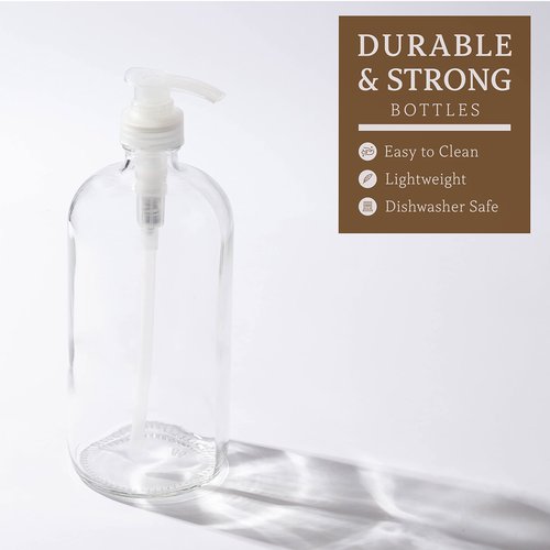 kitchentoolz 4 Pack of 32 Ounce Large Pump Bottles, Glass Refillable Containers for Lotions, Soaps, Oils, Sauces, Homemade Laundry Detergent - Food Grade